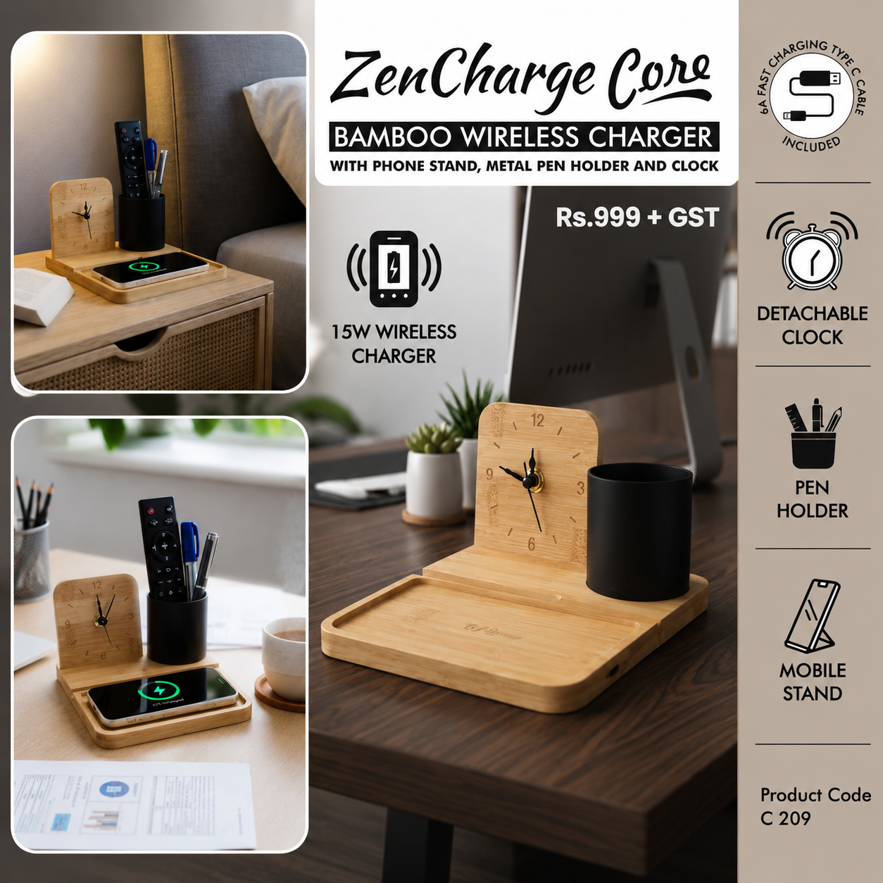 ZenCharge Core Bamboo Wireless Charger Desk Organizer with Clock